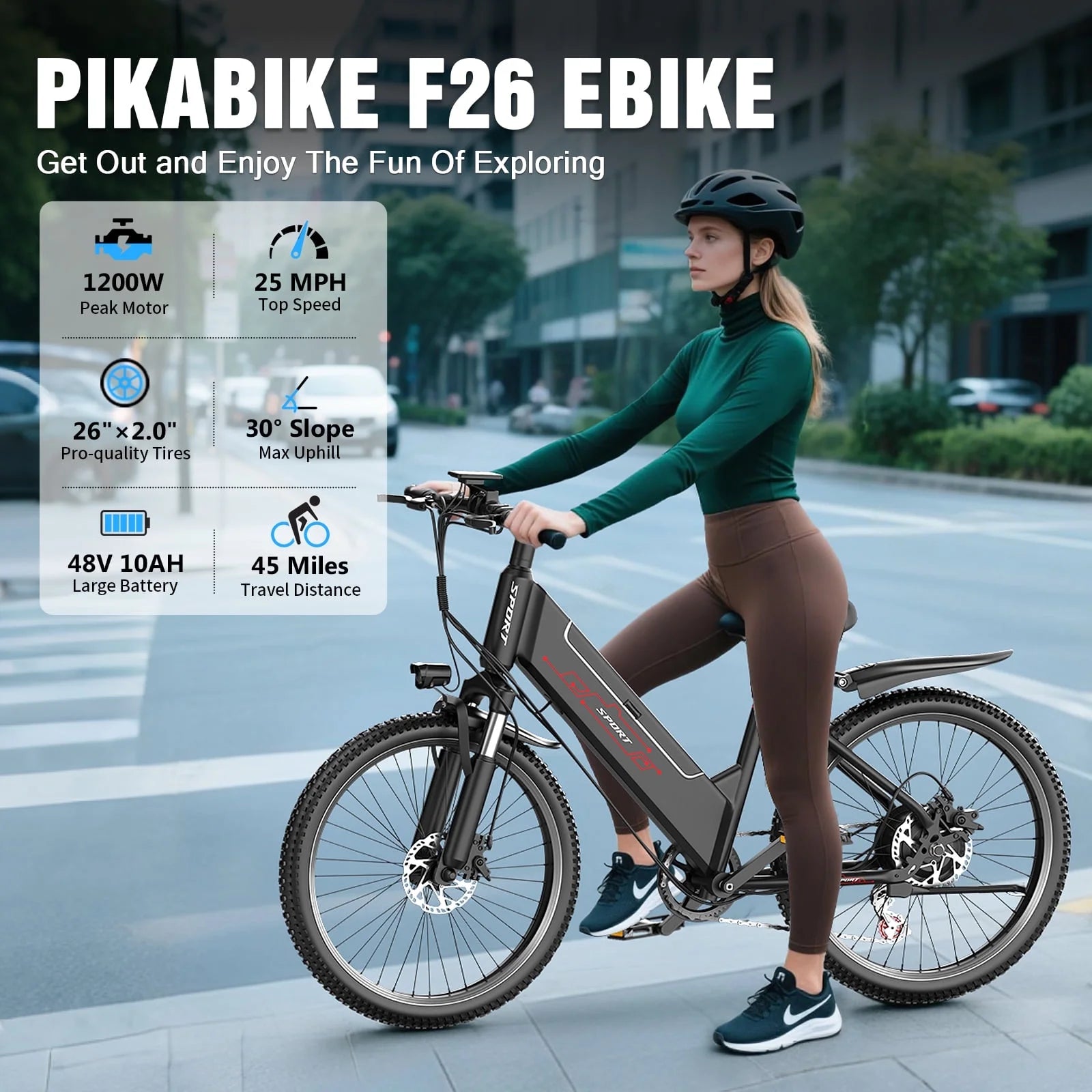 Postjoy F26 Electric Bike, 1200W Peak Motor,26" Tire 55 Miles 25MPH Electric Mountain Bike, 512Wh Battery Electric Bicycle for Adults 7 Speed, UL2849