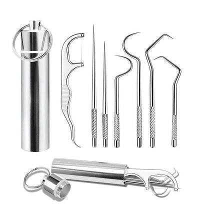 1Set Stainless Steel Toothpick Set Tooth Flossing Reusable Toothpicks Portable Toothpick Floss Teeth Cleaner Oral Cleaning Tools