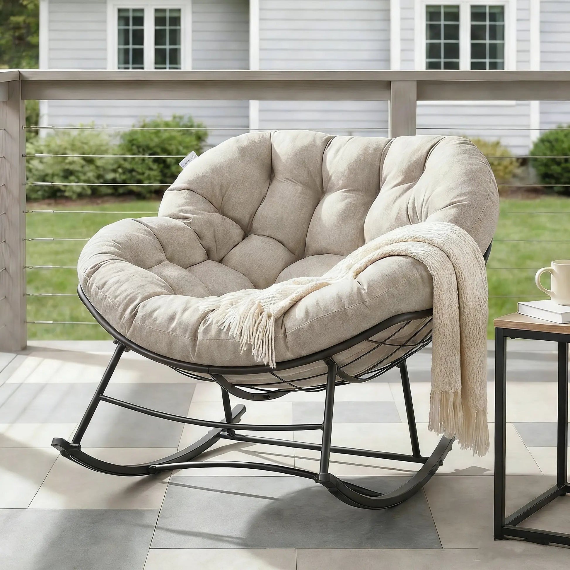 Outdoor Rocking Chair 450Lbs Capacity – 5.5" Thick Water-Repellent Uv-Resistant Cushion, Heavy Duty Egg Rocker with Ergonomic Back, for Patio, Garden, Living Room (Beige/Grey/Black)