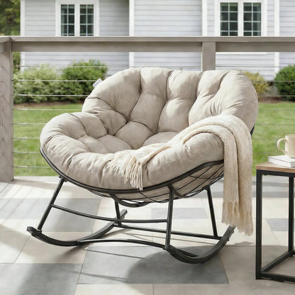 Outdoor Rocking Chair 450Lbs Capacity – 5.5" Thick Water-Repellent Uv-Resistant Cushion, Heavy Duty Egg Rocker with Ergonomic Back, for Patio, Garden, Living Room (Beige/Grey/Black)