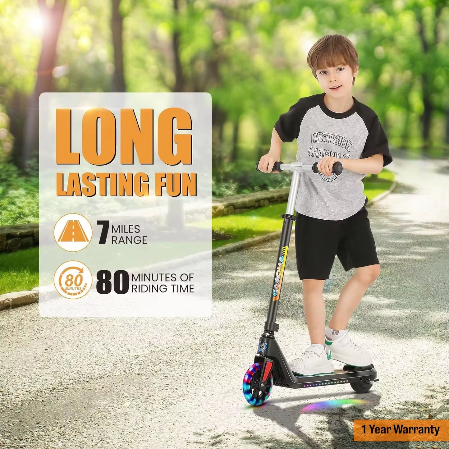 CAROMA Electric Scooter for Kids Ages 6-14,120W Motor,Colorful Light,Adjustable Height&Speed,Foldable Scooter,Ul 1 Year Warranty
