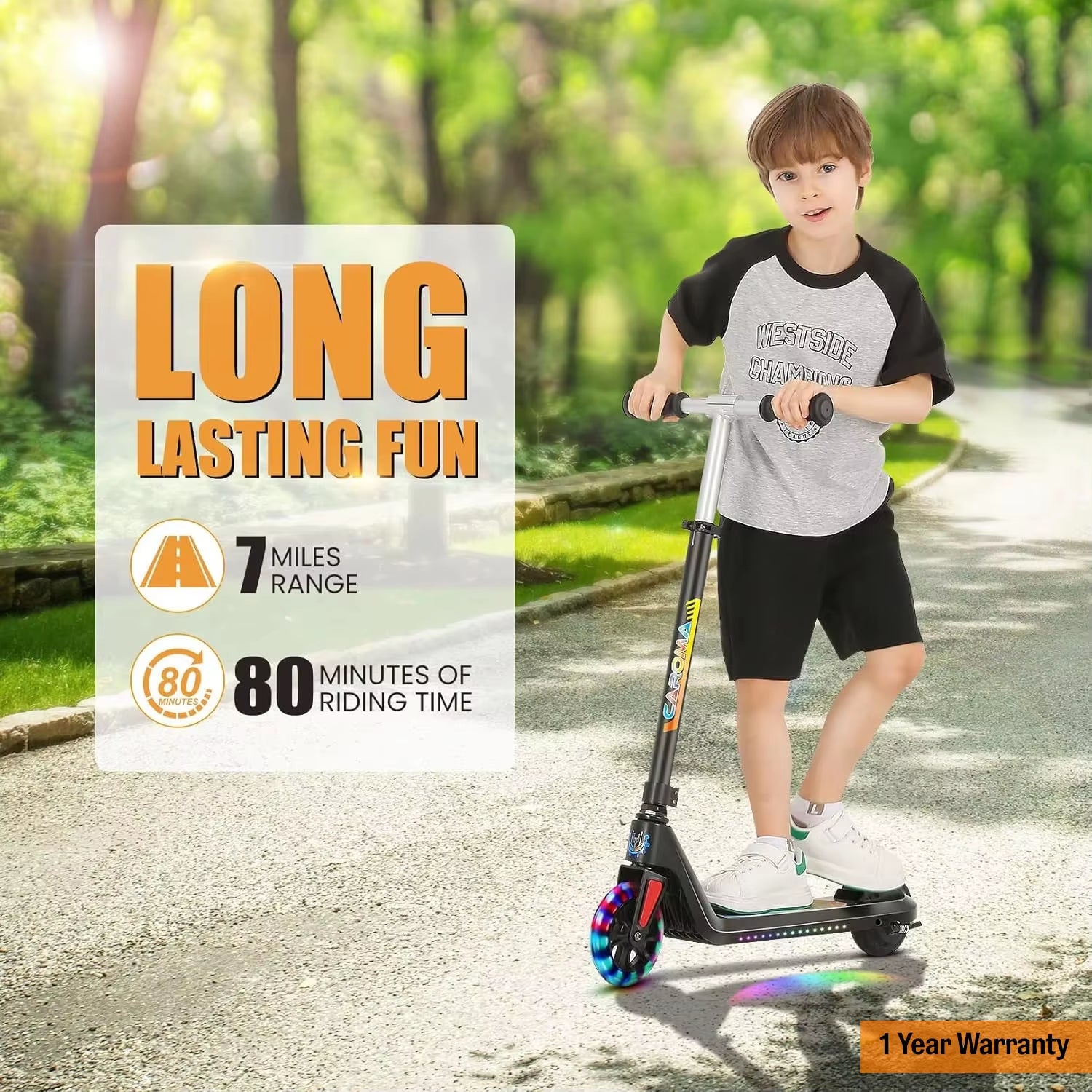 CAROMA Electric Scooter for Kids Ages 6-14,120W Motor,Colorful Light,Adjustable Height&Speed,Foldable Scooter,Ul 1 Year Warranty