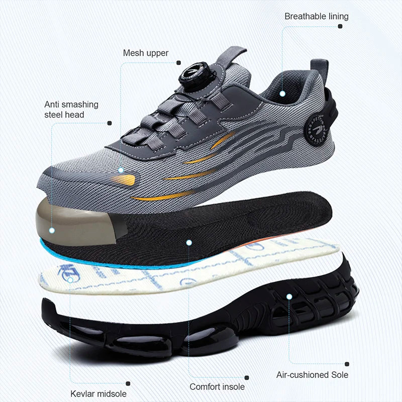 Rotary Button Work Shoes Anti-Slip Safety Shoes Men Steel Toe Sneaker Puncture Proof Work Boots Man Sport Shoes Indestructible