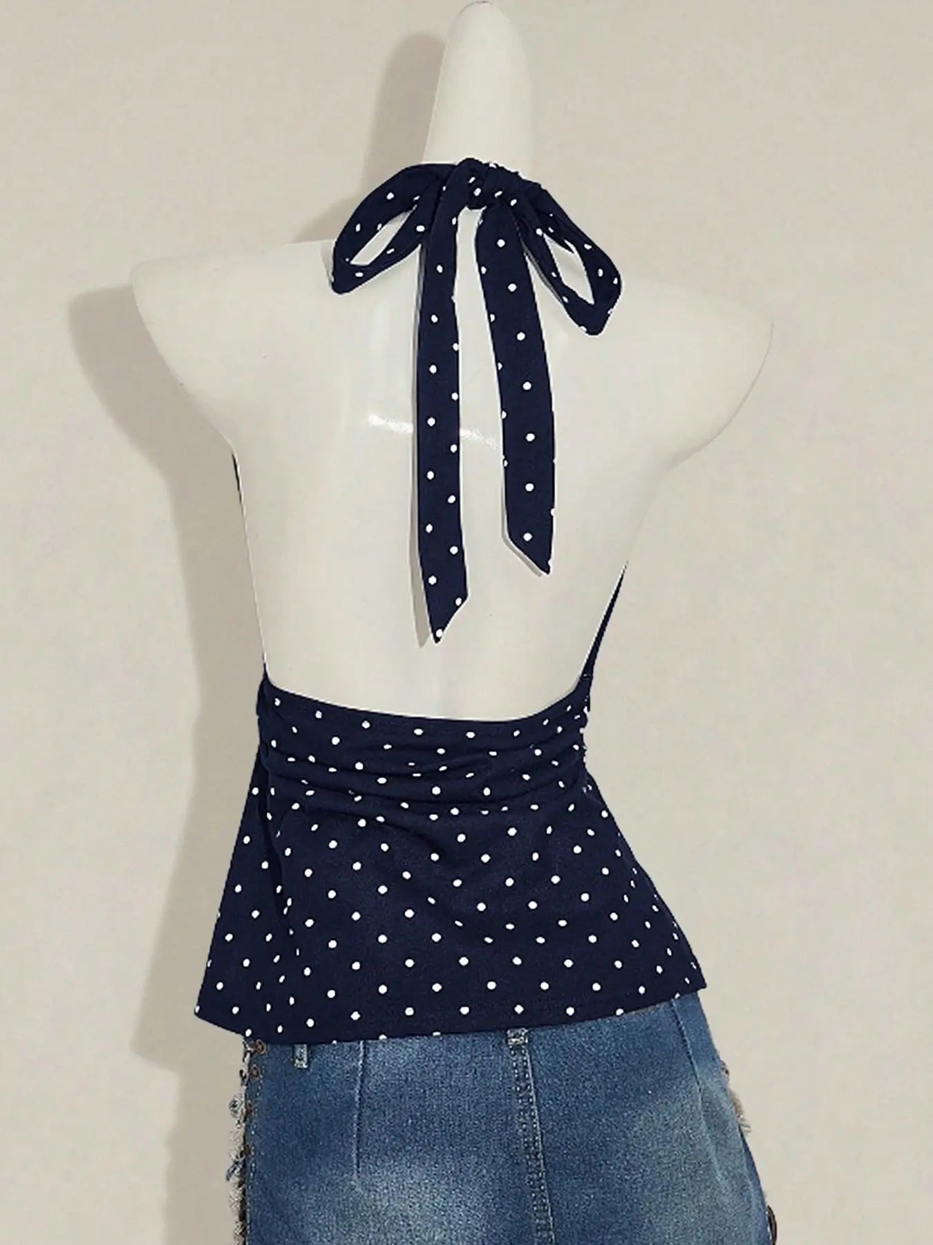 Women'S Polka Dot Print Halter Top, Deep V Neck, Tie Back Closure, Adjustable, Ruched Waist, Multiple Color Options, Soft Breathable Fabric, Daily Casual Vacation Date Night Wear, Womenswear & Halter Tops