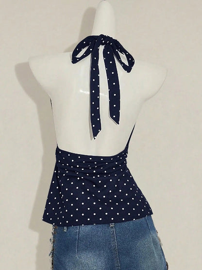 Women'S Polka Dot Print Halter Top, Deep V Neck, Tie Back Closure, Adjustable, Ruched Waist, Multiple Color Options, Soft Breathable Fabric, Daily Casual Vacation Date Night Wear, Womenswear & Halter Tops