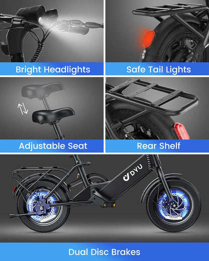 DYU 14" Folding Electric Bike for Adults Teens, 500W Peak Motor 36V/7.8AH Battery, Commuter City Ebike, UL2849