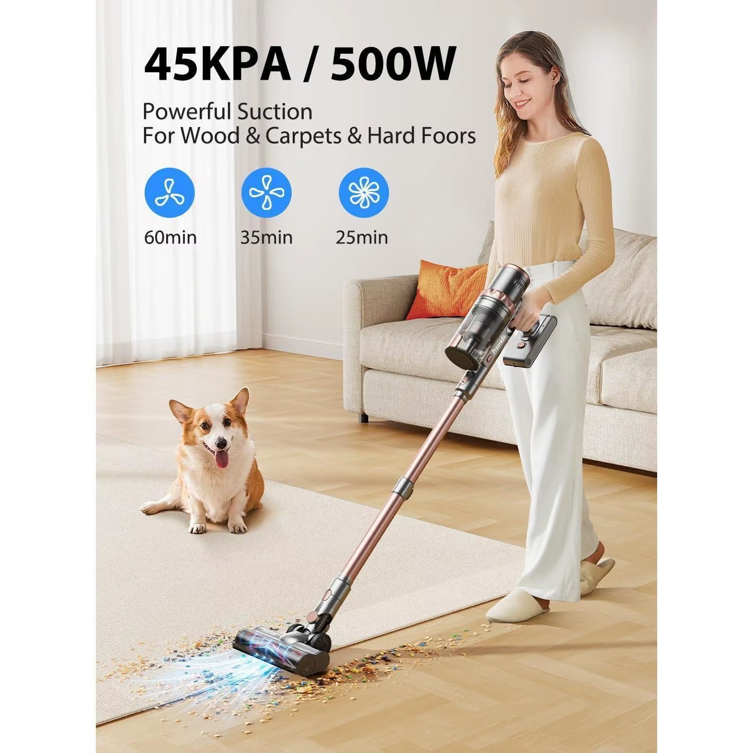 Cordless Stick Vacuum Cleaner 45Kpa Powerful Suction LED Touch Display 60-Minute Runtime Lightweight