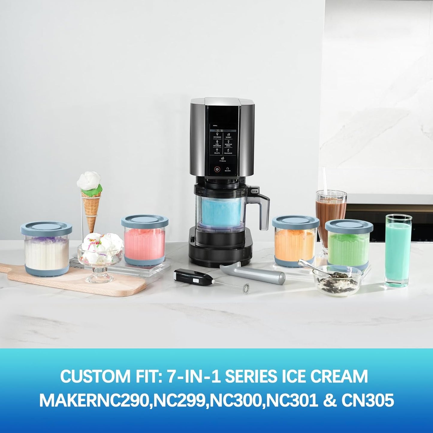 For Ninja Creami Pints and Lids-4 Pack, 16OZ Container Compatible with NC299AMZ & Nc300S Series Ice Cream Makers, Extra Cups Replacement for Ninja Creamy Containers Airtight Anti-Slip Dishwasher Safe