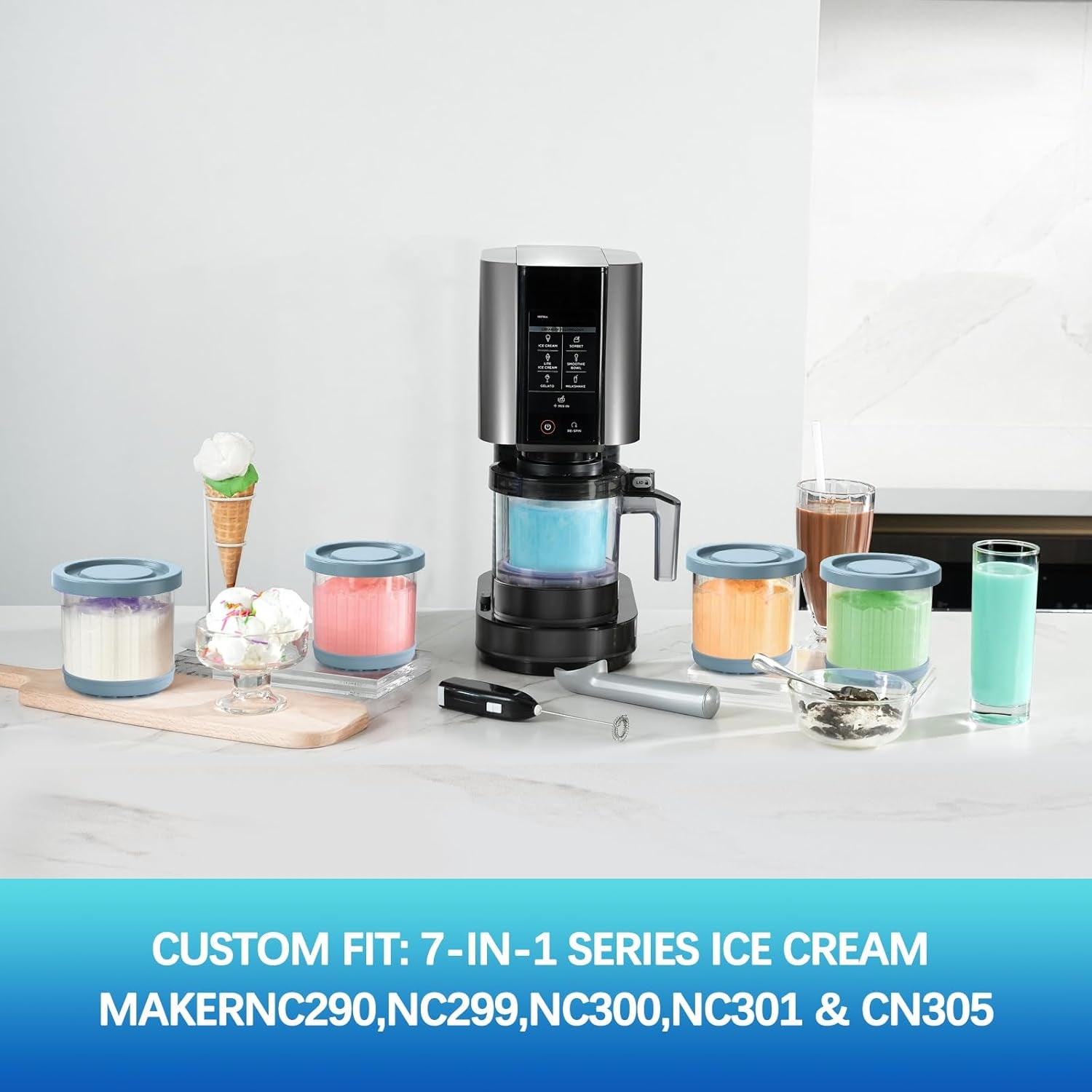 For Ninja Creami Pints and Lids-4 Pack, 16OZ Container Compatible with NC299AMZ & Nc300S Series Ice Cream Makers, Extra Cups Replacement for Ninja Creamy Containers Airtight Anti-Slip Dishwasher Safe