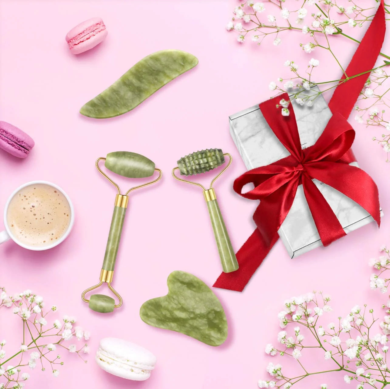 Charmonic 4Pcs/Set Jade Roller and Gua Sha Set Facial Massager Skincare Beauty Tools for Anti-Aging, Gentle Skin, Remove Wrinkles & Eye Puffiness