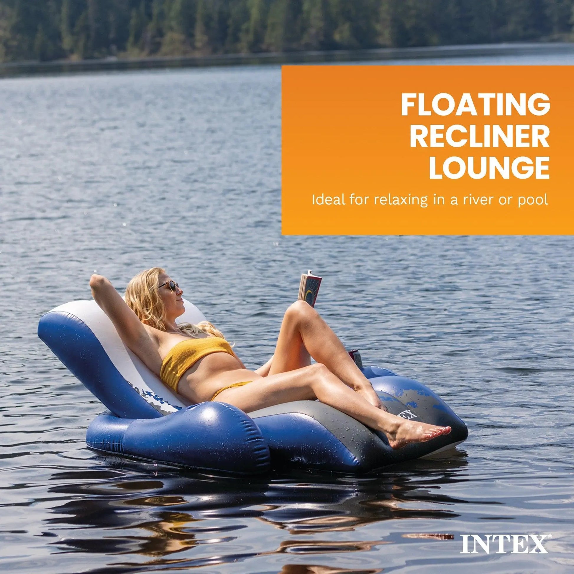Intex Floating Recliner Inflatable Lake Lounge, Pool Float Chair W/ Cup Holders