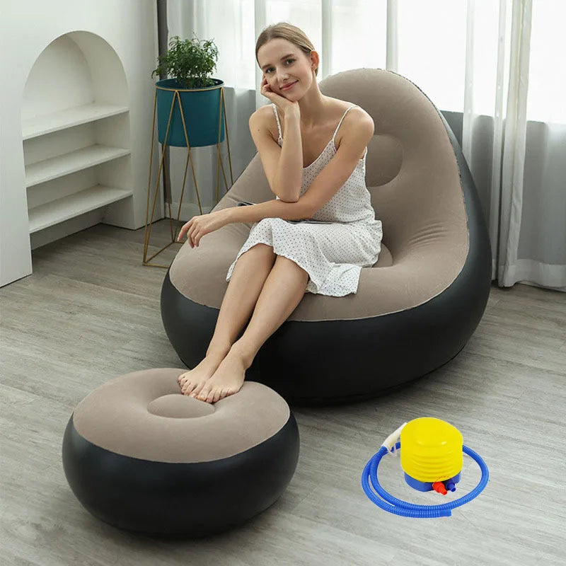 Blow up Couch Inflatable Chair with Footstool Portable Lazy Sofa Lounger Comfy Flocked Surface Portable Chaise Soft Comfortable